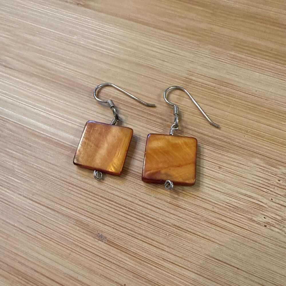 Orange Brown Square Bead Dangle Drop Earrings Vintage Unbranded